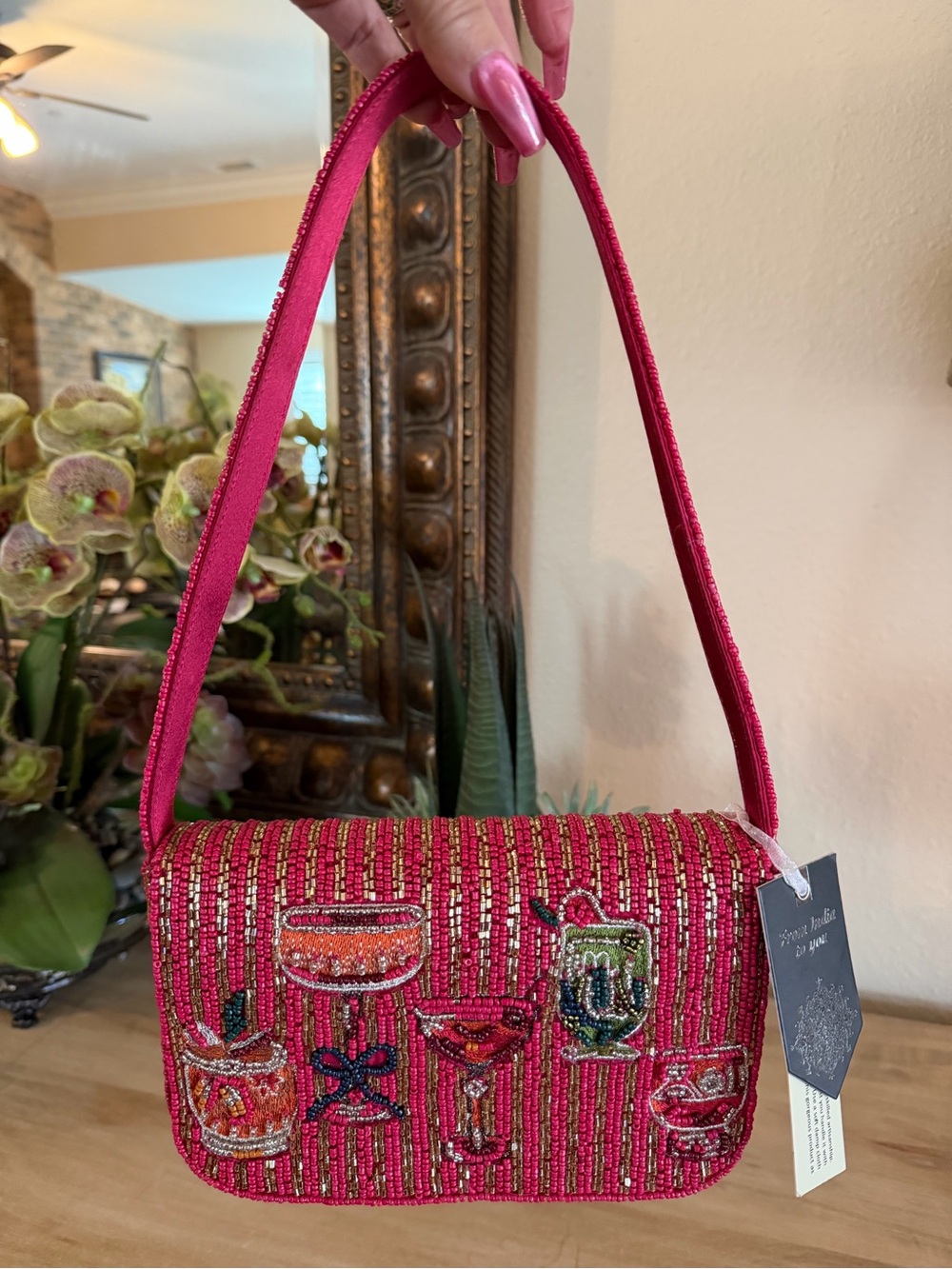 From India to you Hot Pink & Gold Beaded Cocktail Motif Shoulder Bag